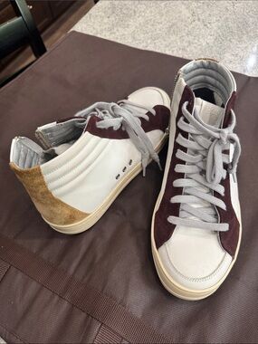 P448  White High-Top Sneakers with Brown & Tan Suede Accents